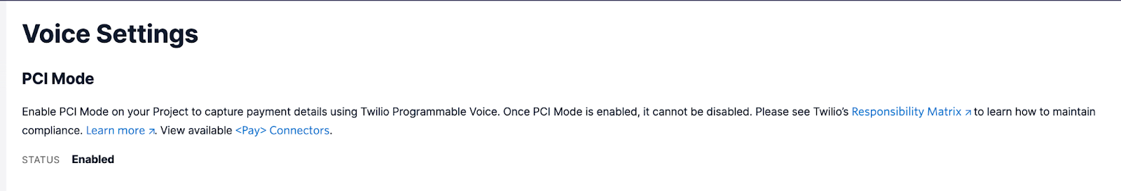screenshot showing PCI mode enabled on voice settings