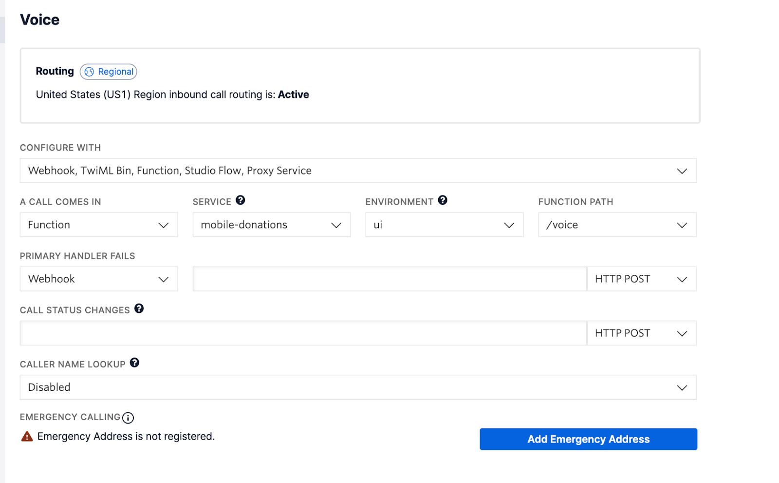 screenshot of twilio console showing phone number configuration