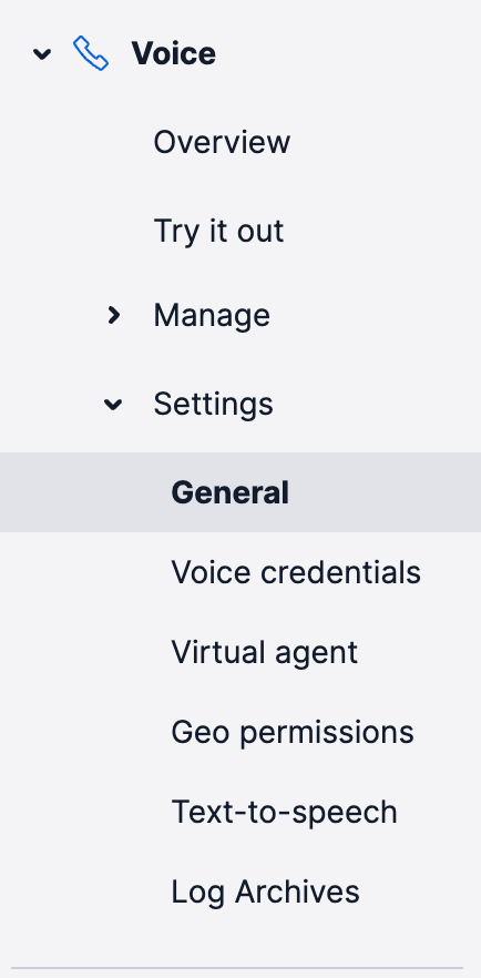 Twilio Voice dashboard menu in Twilio Console with Settings and General highlighted