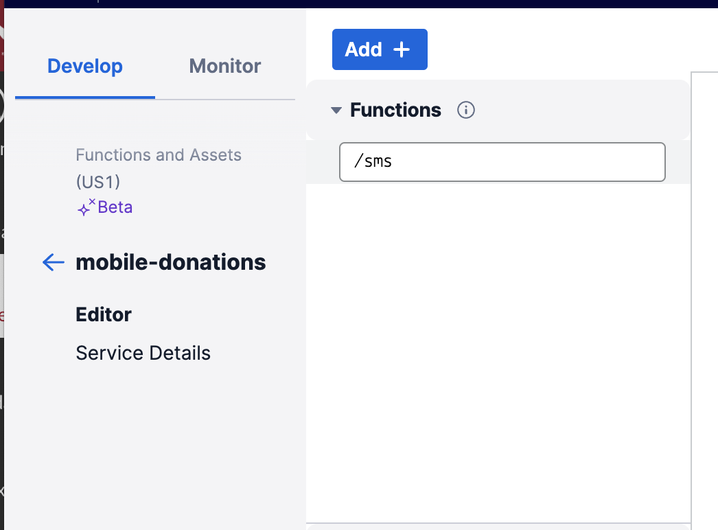 Screenshot of function dashboard with new protected function called /sms