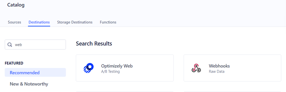search destinations catalog for webhooks and select webhooks