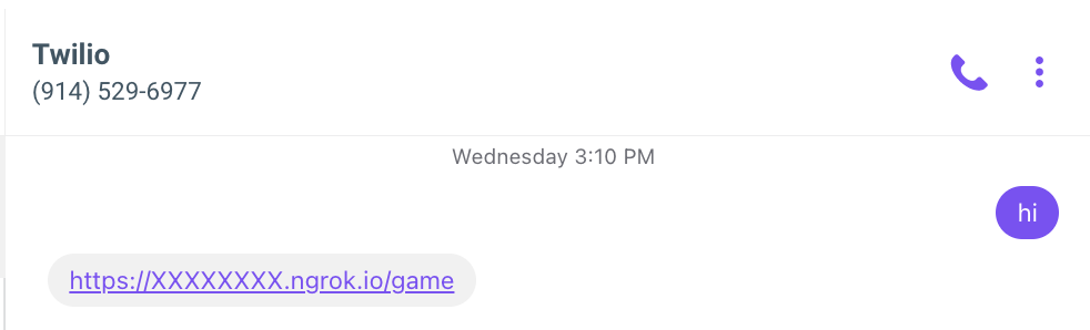The user texts a Twilio phone number, and the phone number replies with a link to a game