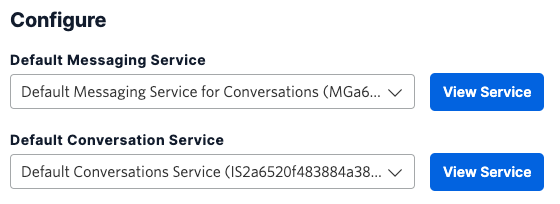 The "Default Messaging Service" and "Default Conversation Service" have their own select inputs with the default services selected.