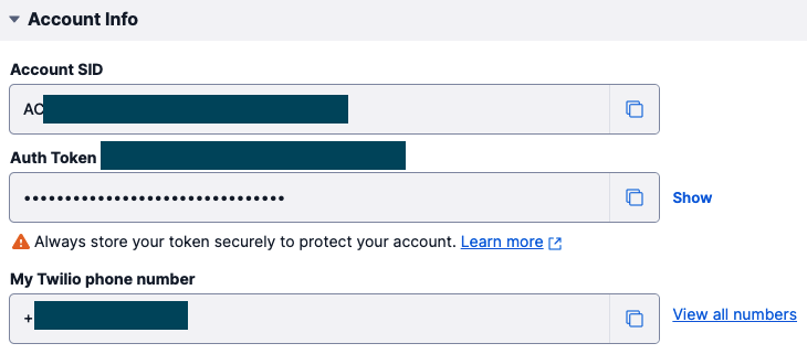 Twilio Console account info section