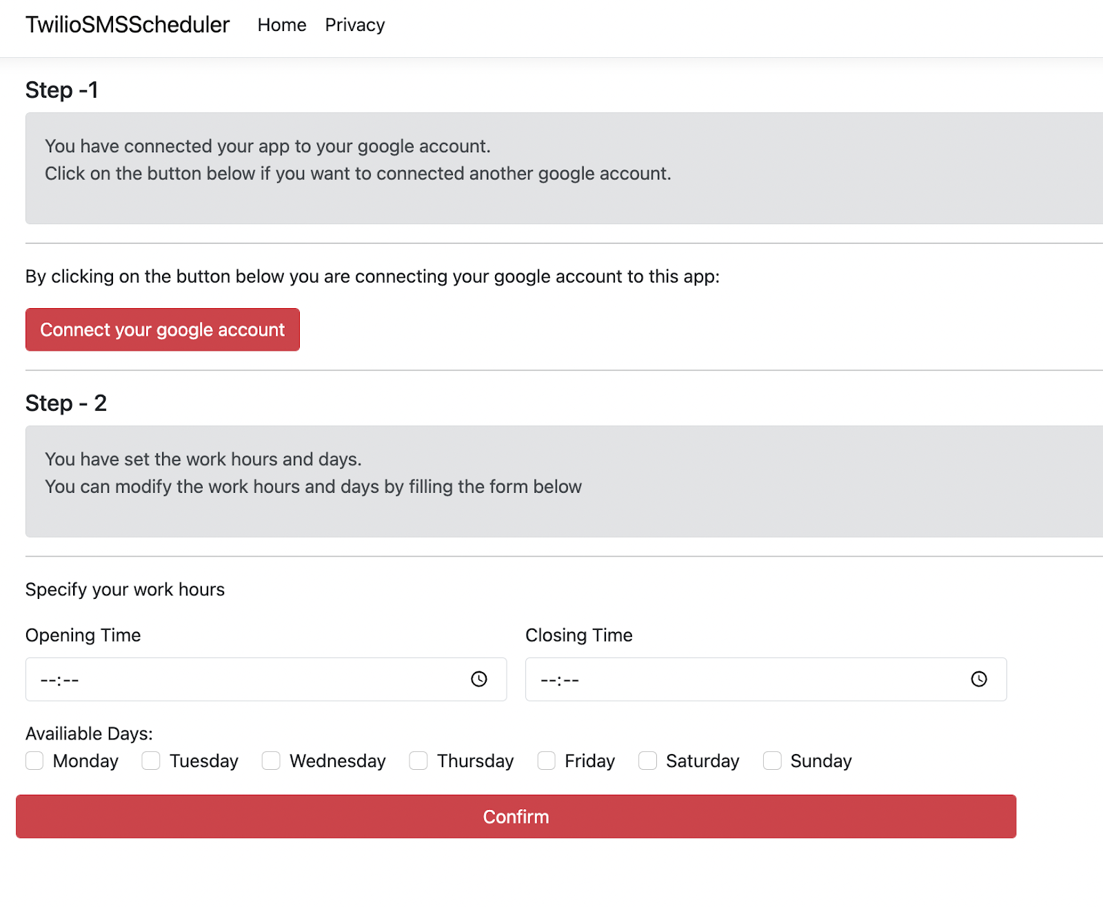 Twilio Scheduling App running on localhost port 8080