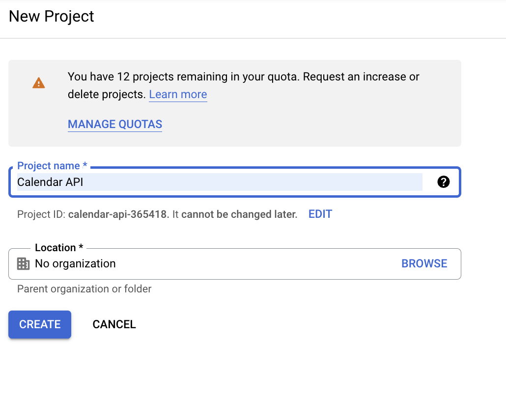 The new project form with a project name field and a location field.