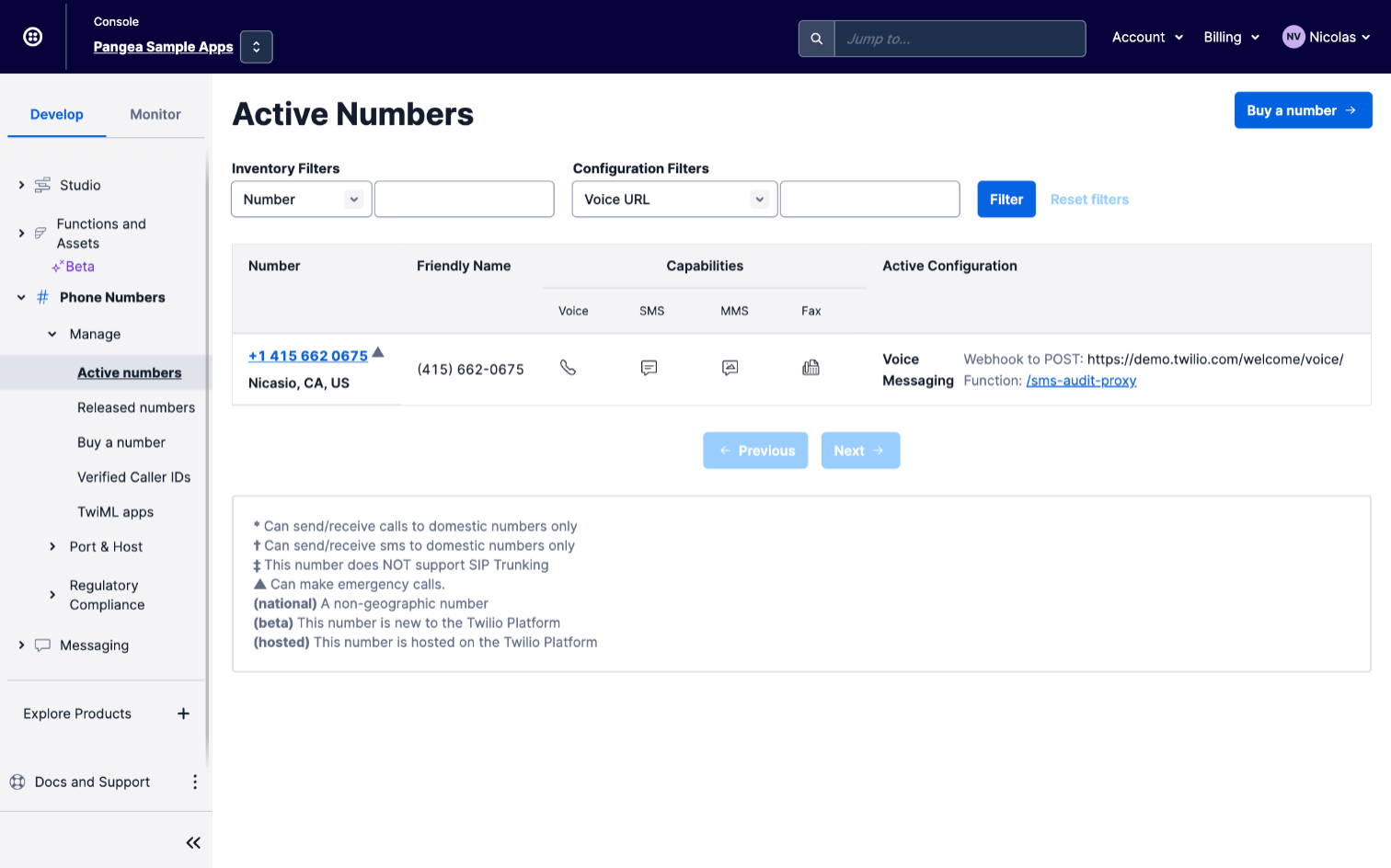 Active numbers page in the Twilio console