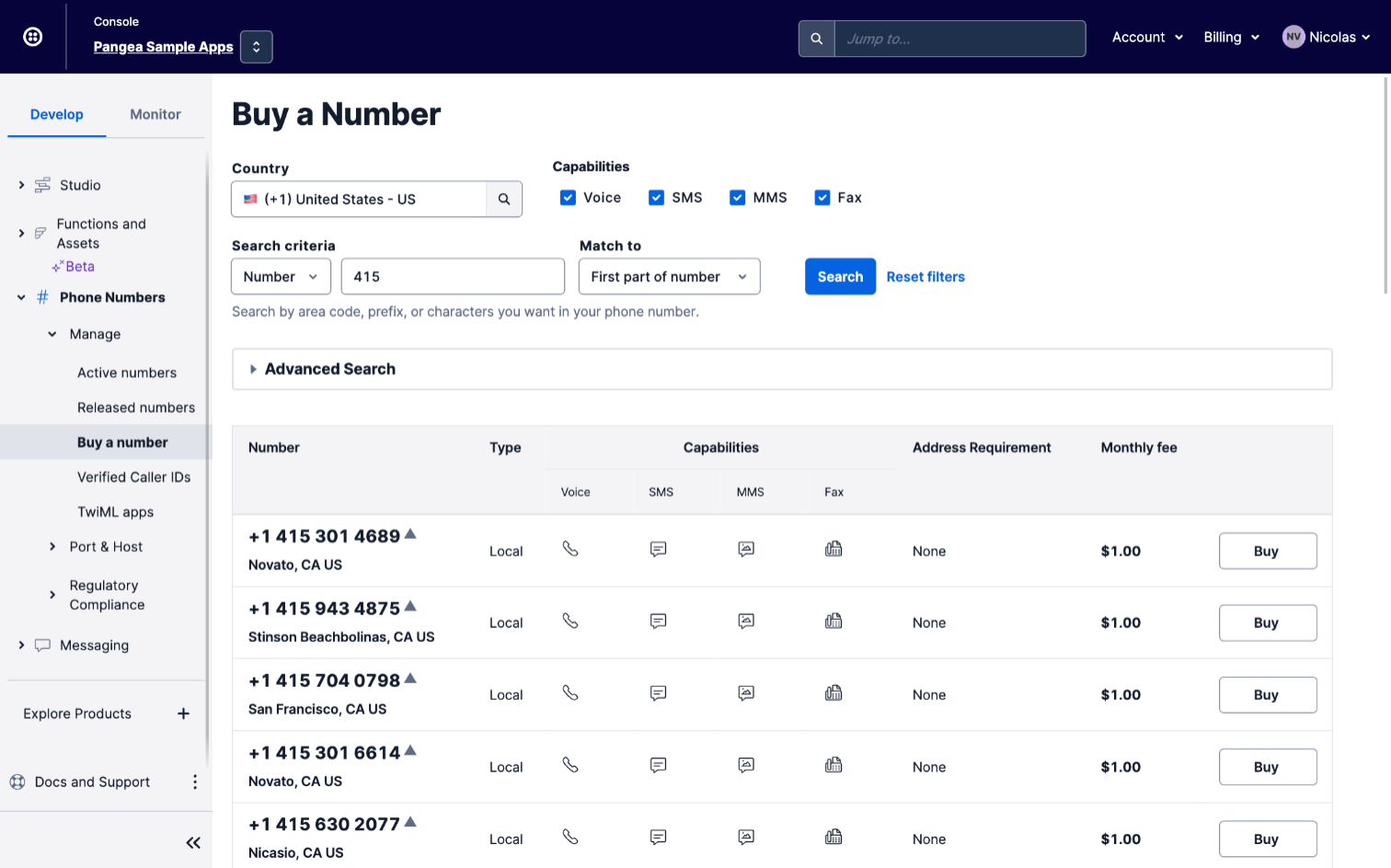 Buy a number page in the Twilio console