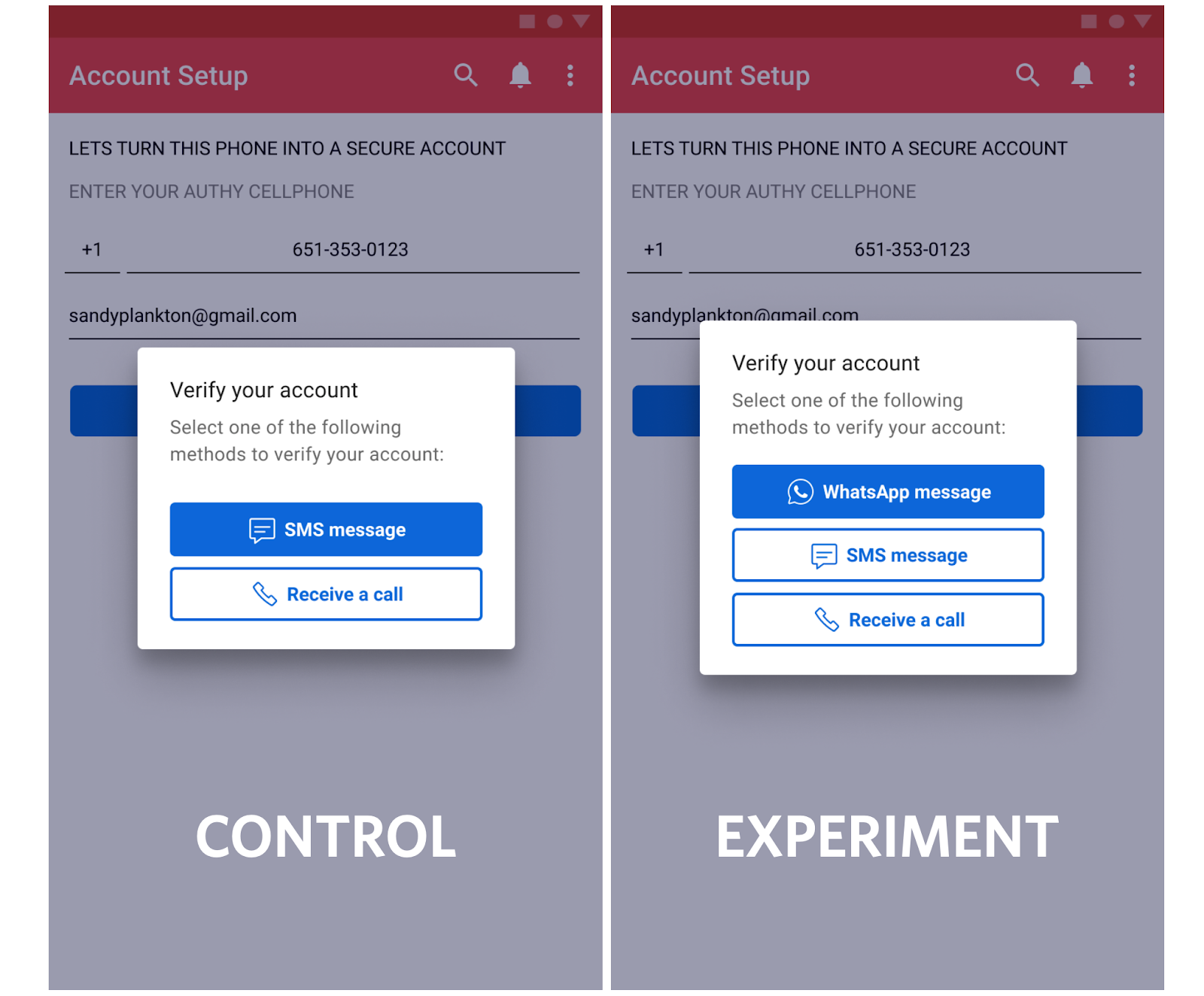 experiment screenshot showing before and after - after has an option to send a whatsapp message