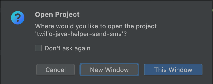 pop up window to open "twilio-java-helper-send-sms" project