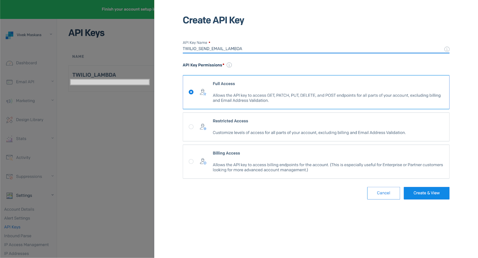 Create a new API key using the Twilio SendGrid console