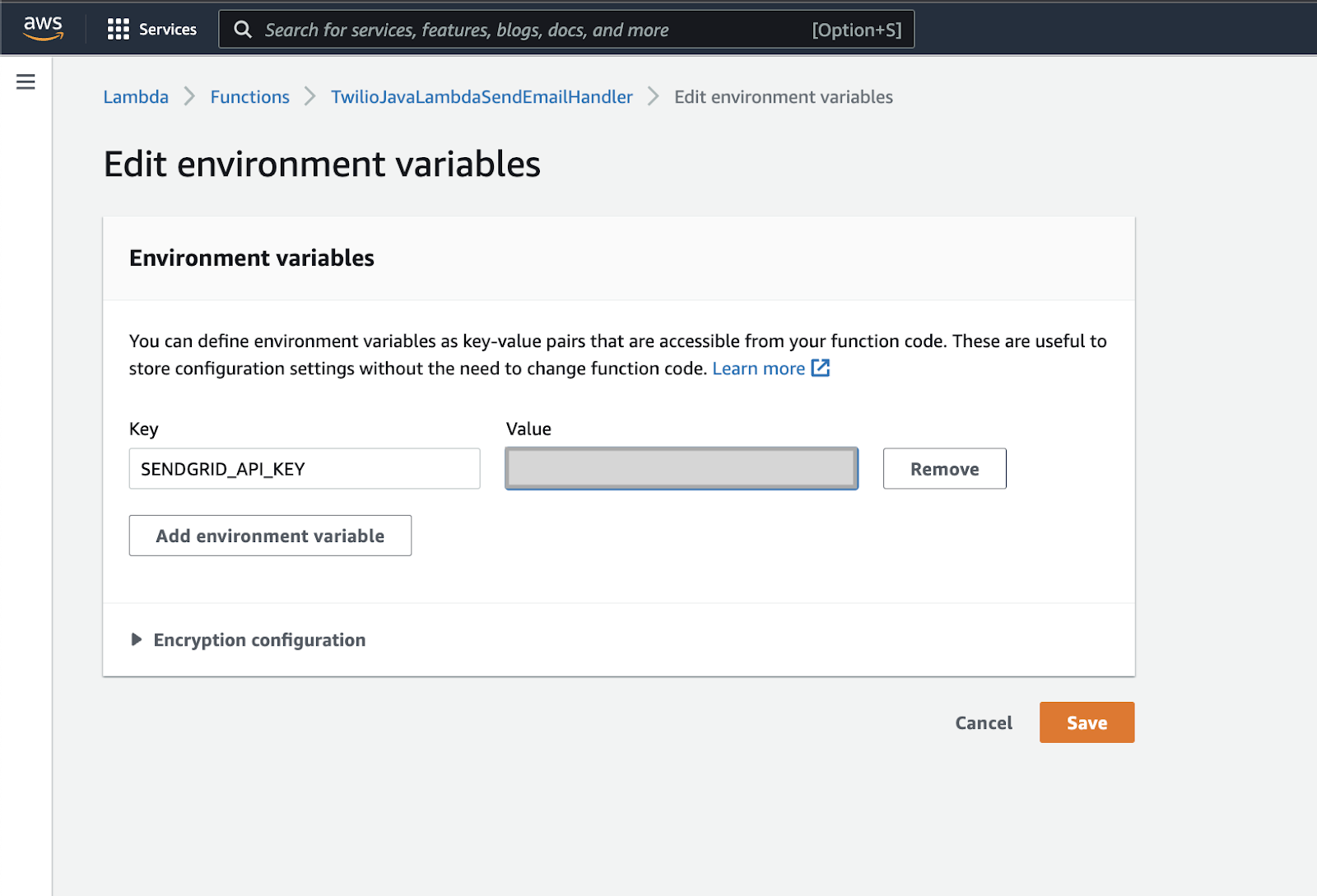 Add environment variables to the AWS Lambda function
