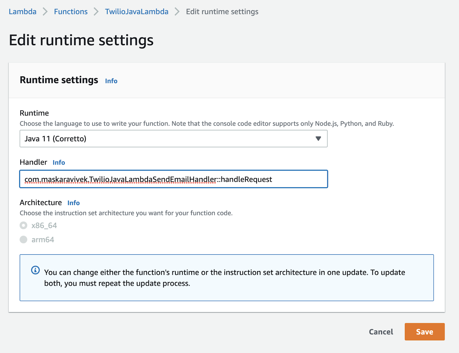 Update runtime settings for the AWS Lambda function