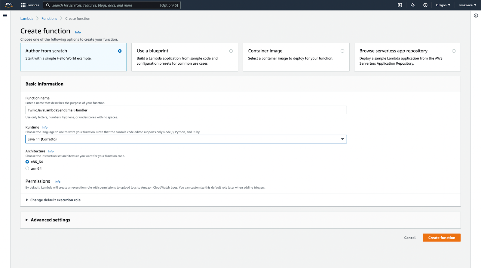 Set AWS Lambda function name and runtime language