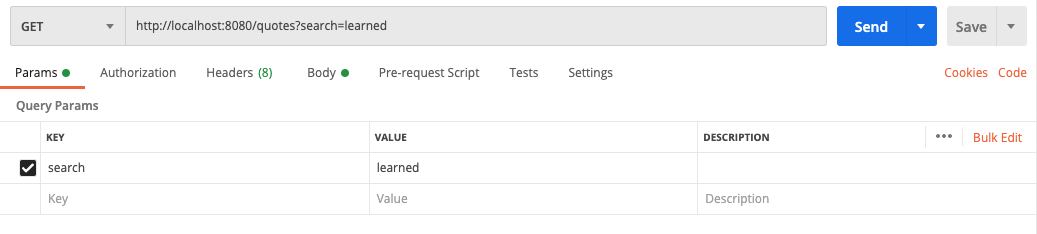 postman get request with appended search value at the end of the url
