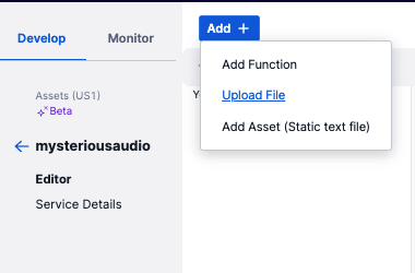 click add to upload a new file to the twilio assets