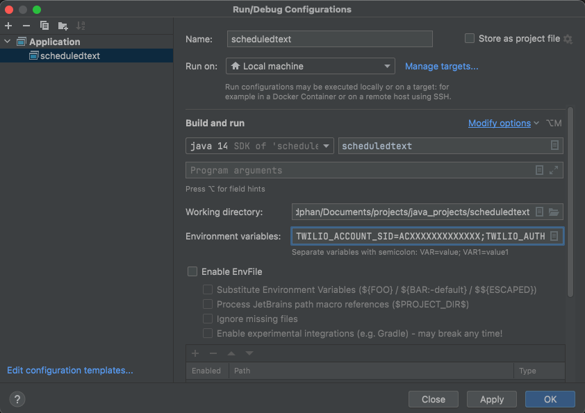 edit the configurations to build and run the java application 