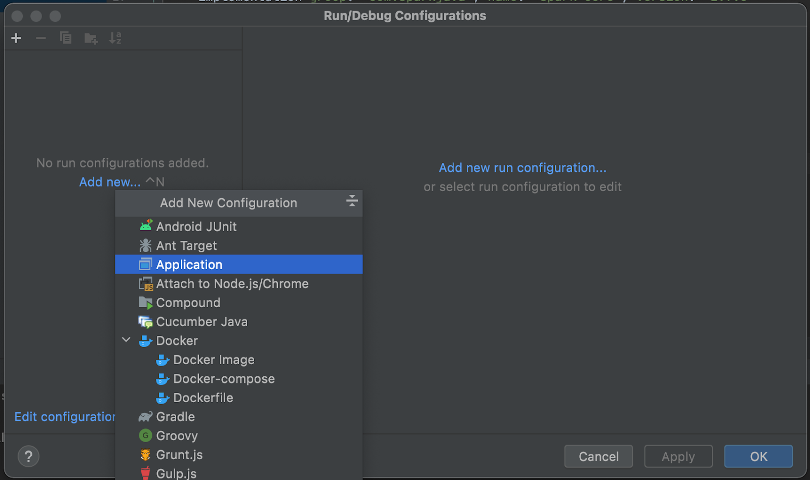 option to add a new application to edit configurations in intellij idea