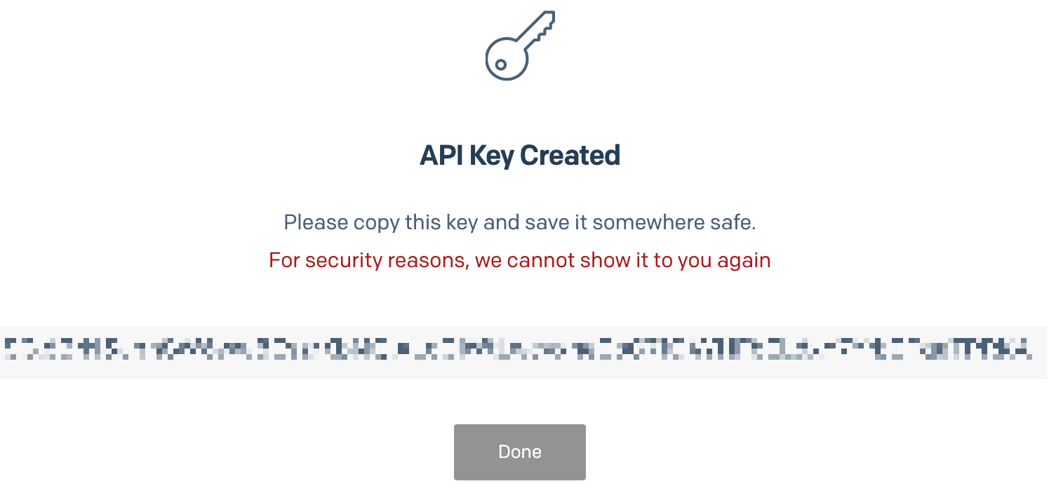 API key is displayed to copy and store elsewhere. Key will not be shown again.