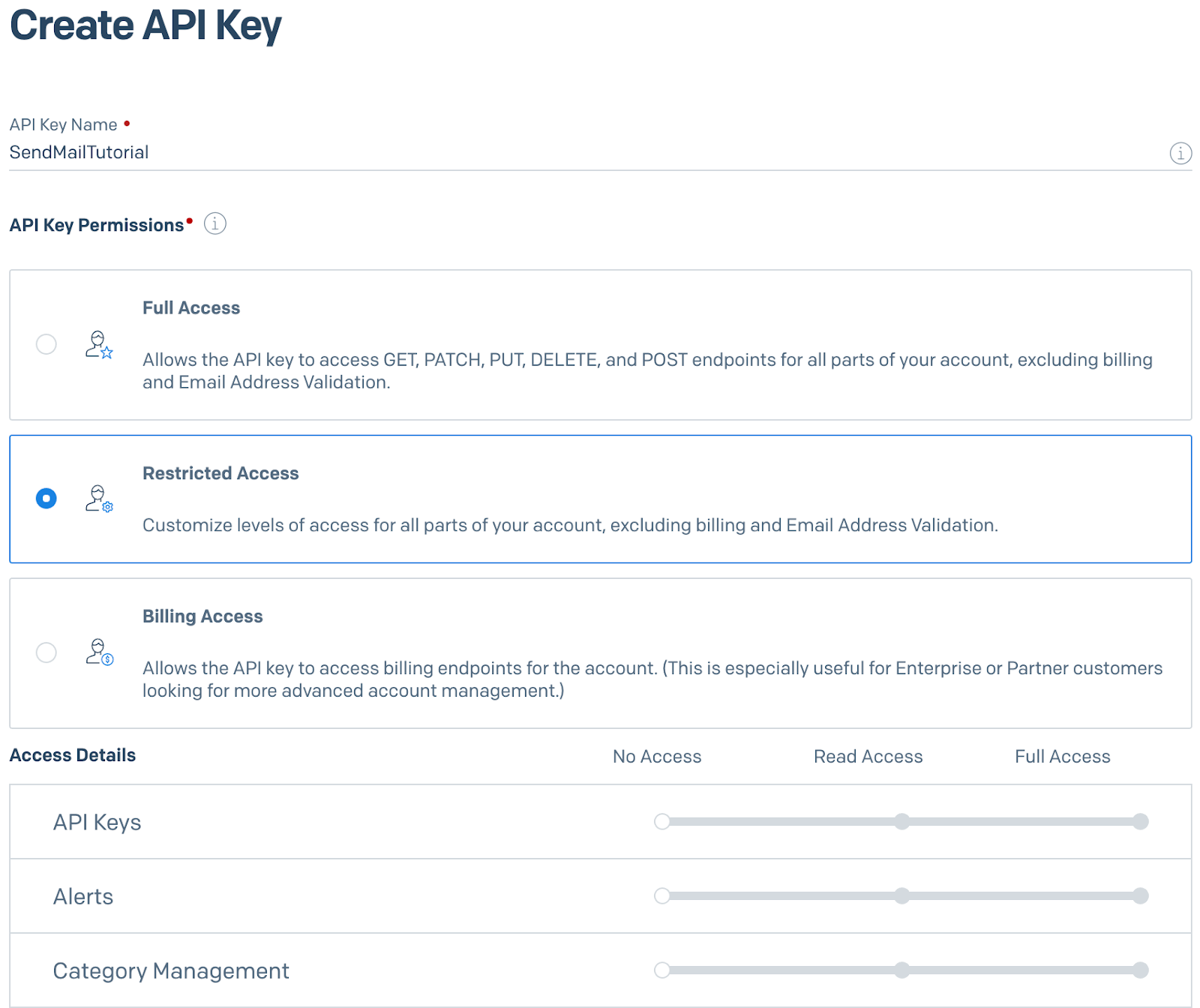 A form to create an API Key. The form asks for a name for the key and what permissions to grant to the key.