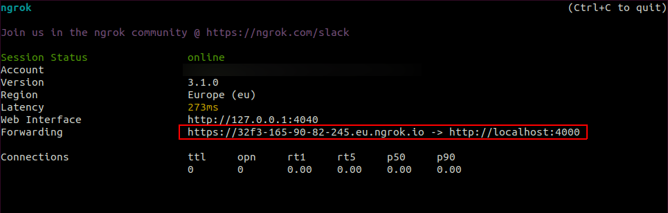 Screenshot of ngrok app in terminal with https url