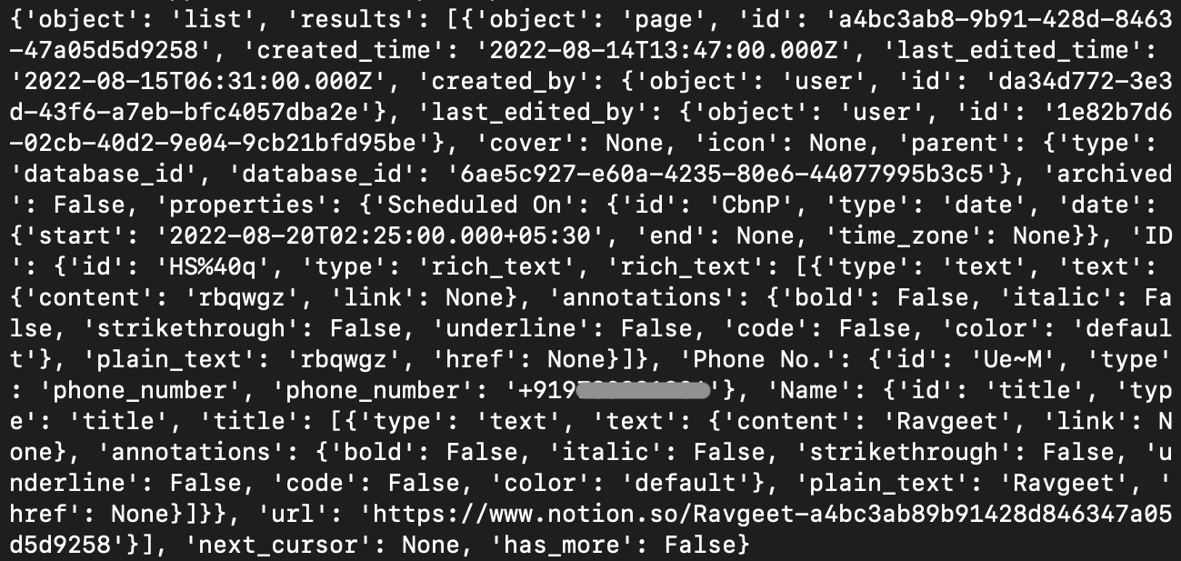 Data returned from Notion API