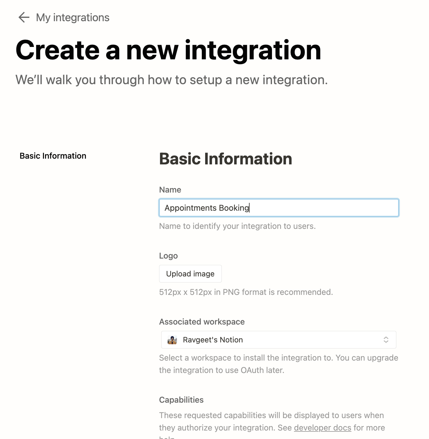 Create a new integration form