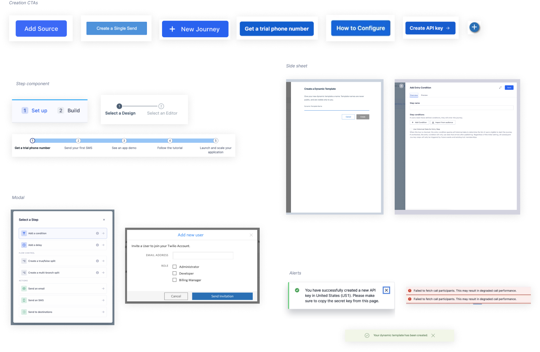 Screenshots of creation flows from across Segment, SendGrid, Console, and Flex, including 7 ever-so-slightly different blue primary buttons. 😂