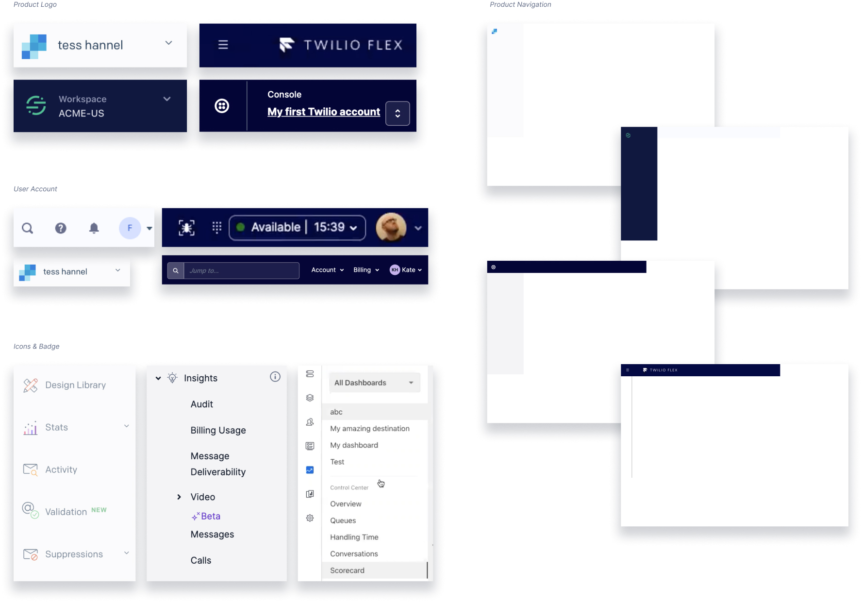 Screenshots of the navigation patterns from across Segment, SendGrid, Console, and Flex.