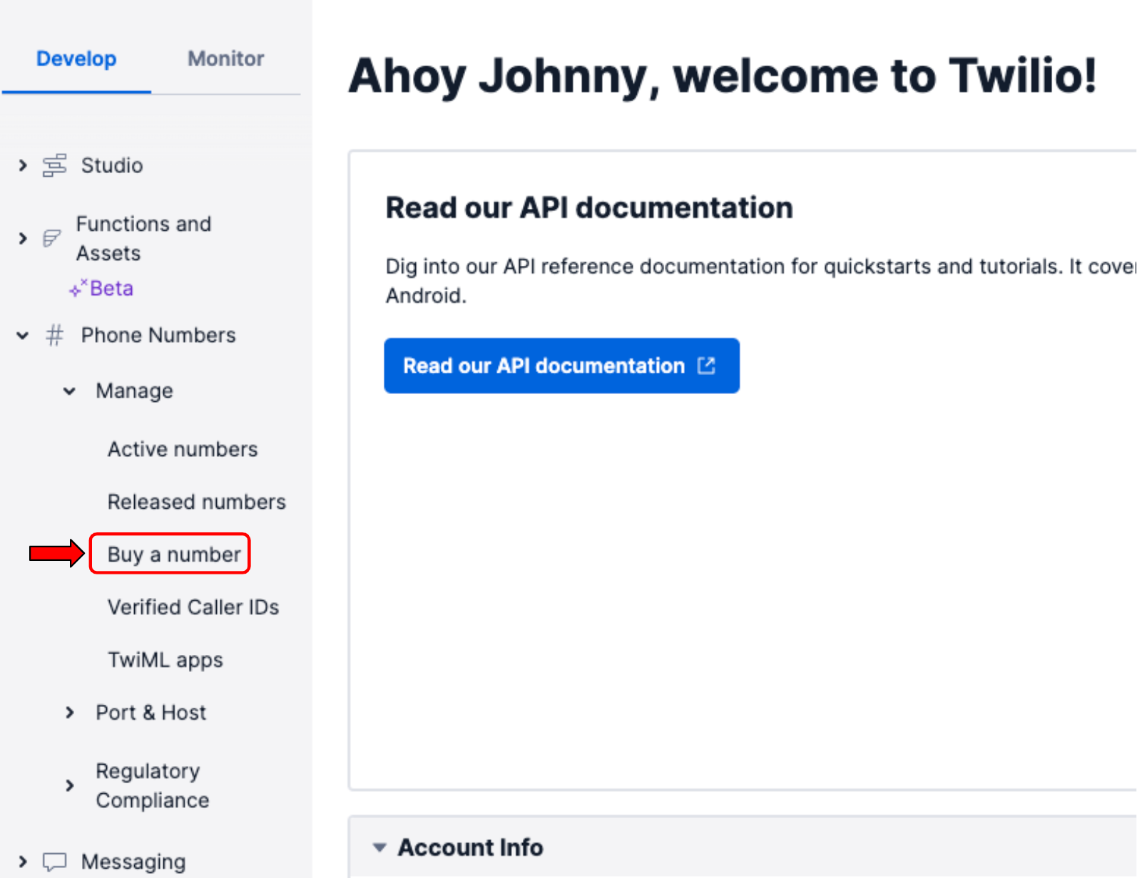 Twilio dashboard with multi-level navigation on the left-hand side. The user clicks on the "Phone Numbers" > Manage > "Buy a number" link.