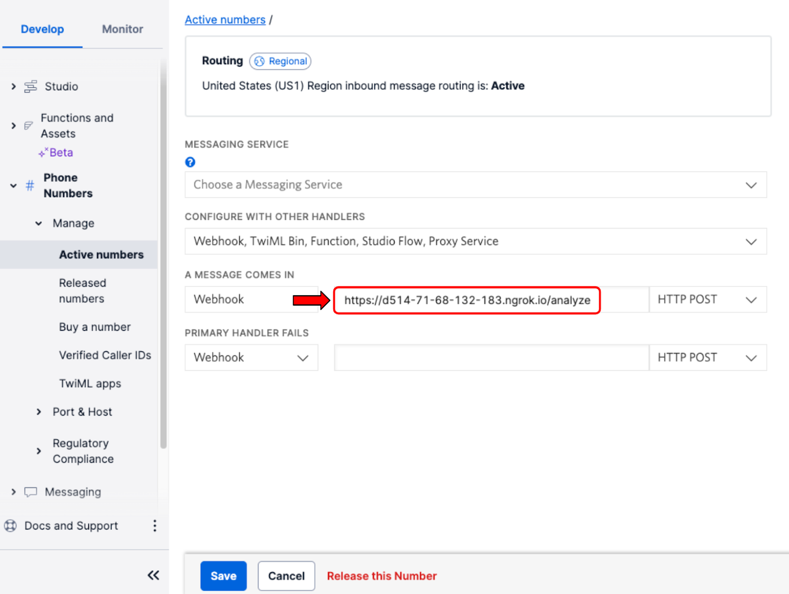 Twilio Phone Number configuration form where the phone number is configured to send text messages to a webhook with the ngrok Forwarding URL.