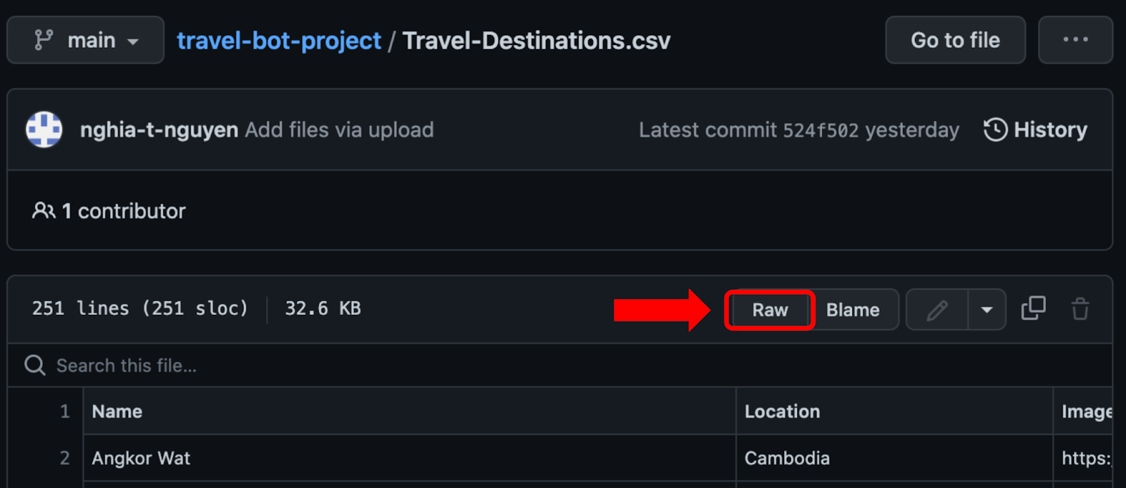 Github webpage of Travel Destinations CSV File with raw button highlighted