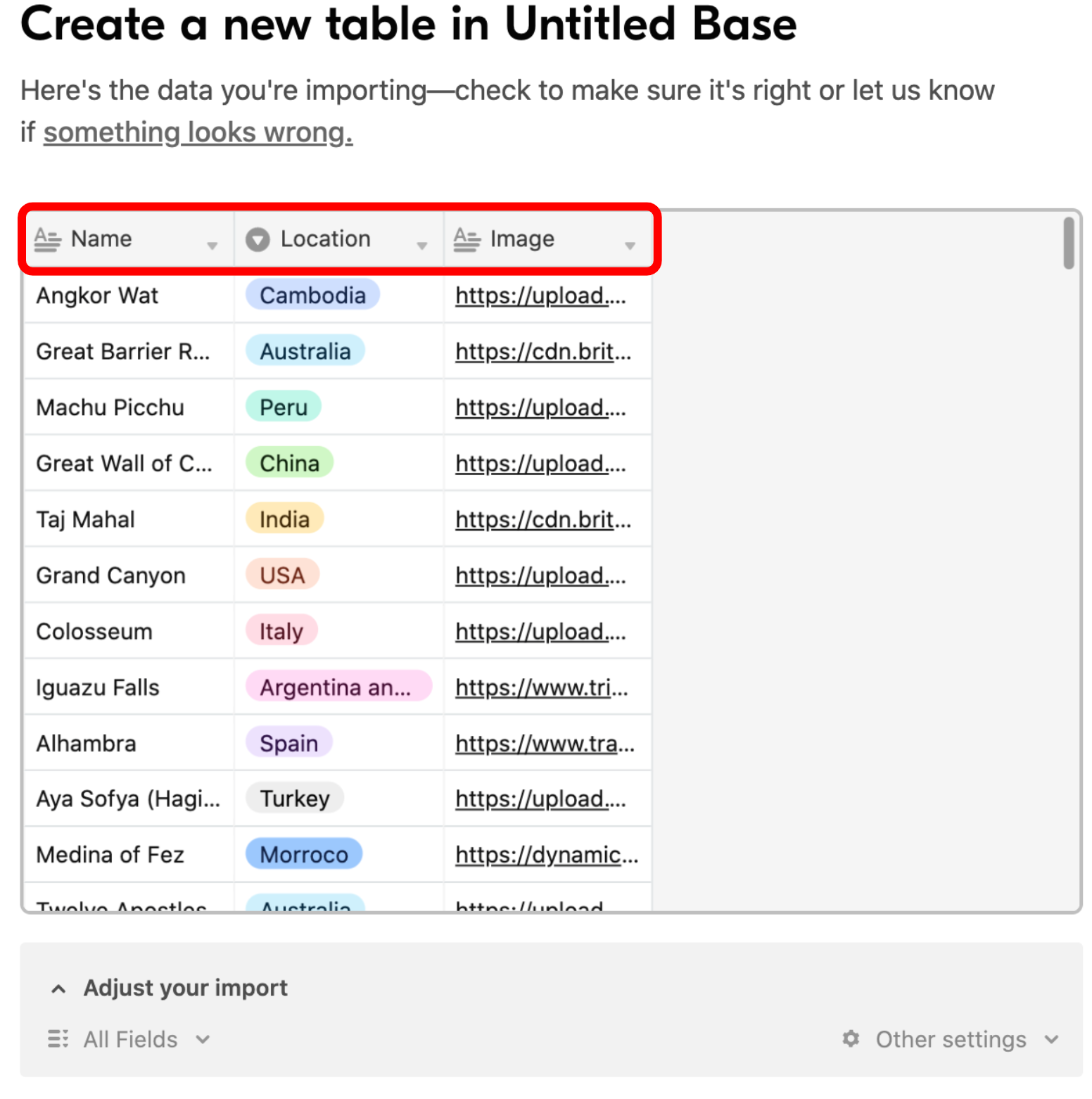 Create a new table preview window with column headers highlighted