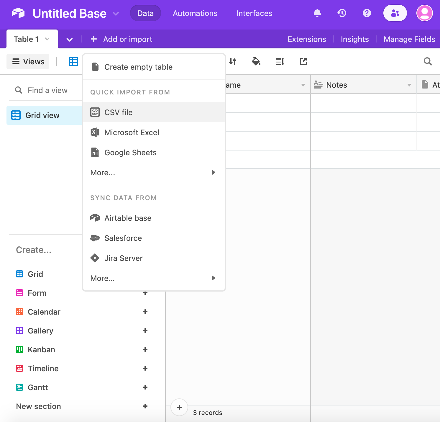 Empty initialized Airtable base. CSV File is highlighted in a dropdown menu labeled Add or Import