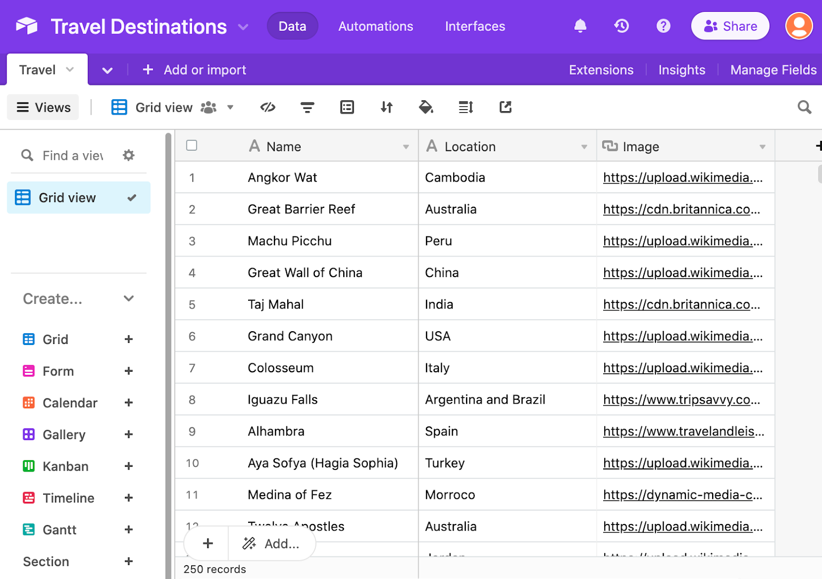 Data in Airtable base labeled Travel. Columns are labeled Name, Location, and Image