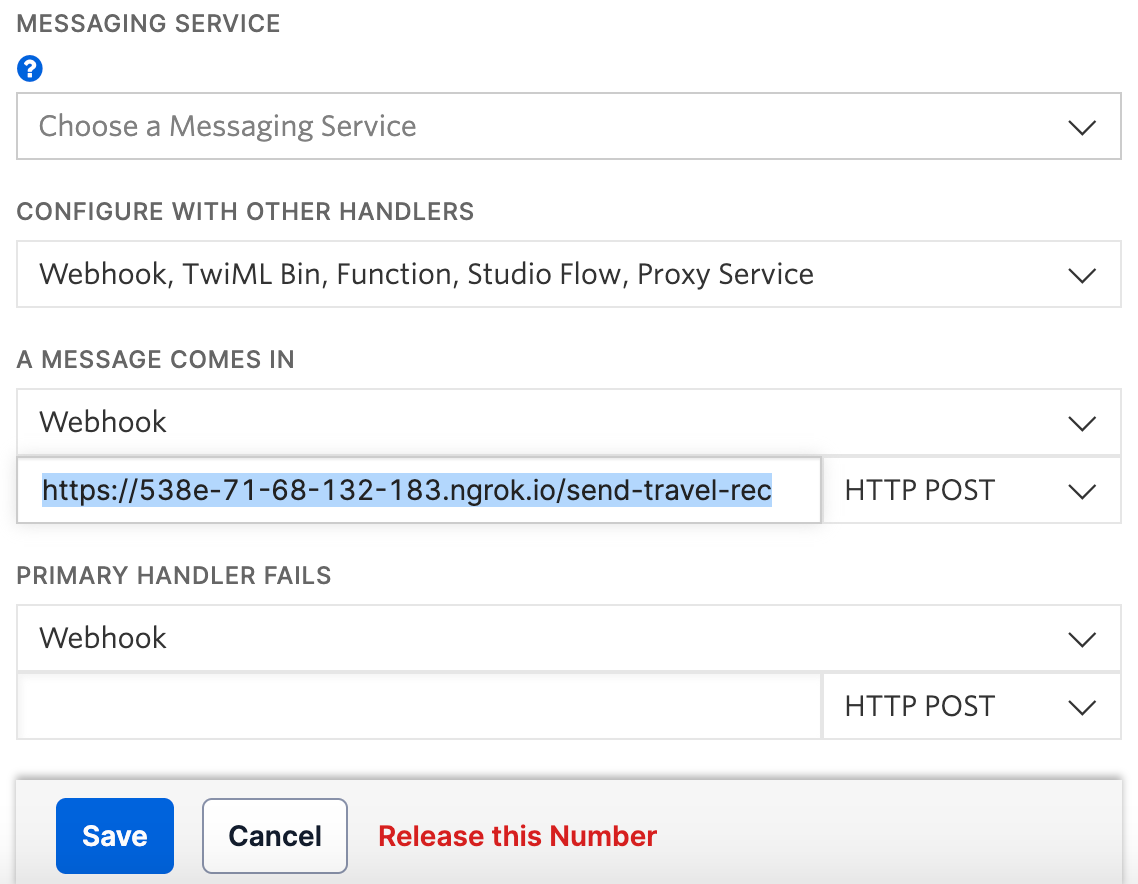 Twilio Phone Number configuration form where the phone number is configured to send text messages to a webhook with the ngrok Forwarding URL.