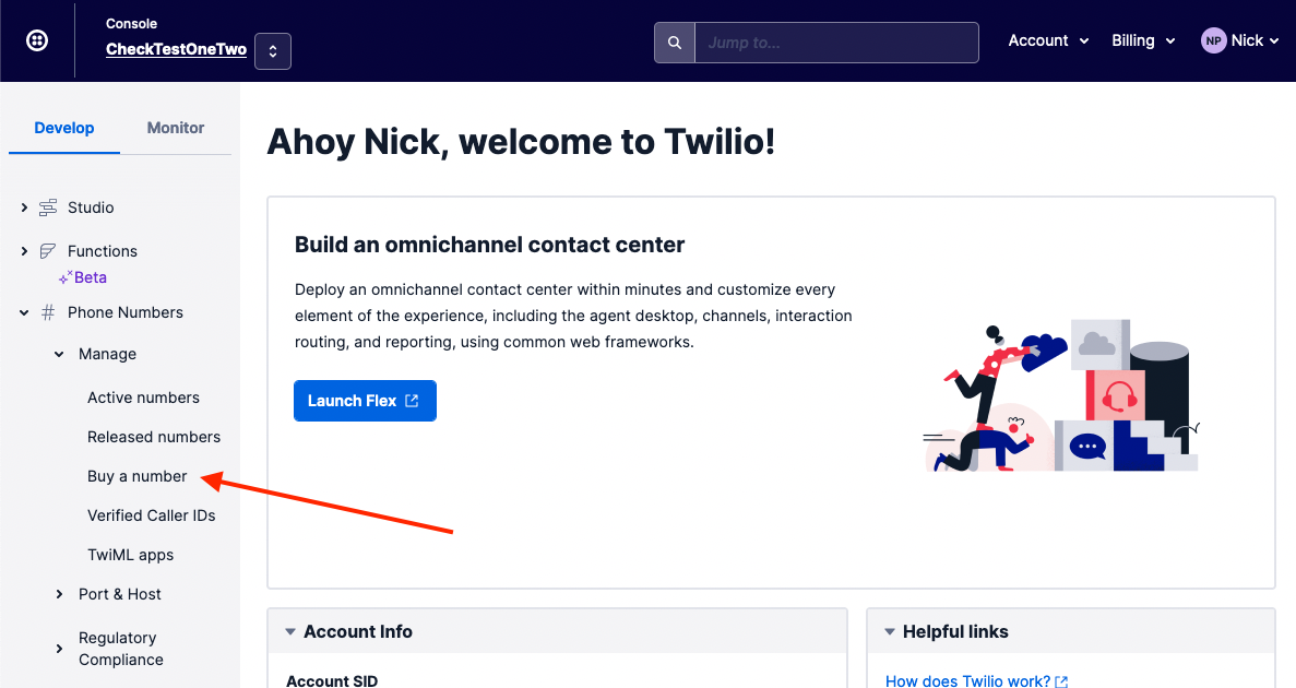 Twilio dashboard with arrow pointing to "Buy a number" option