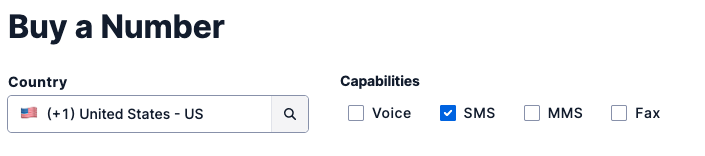"Buy a number" options; SMS is checked