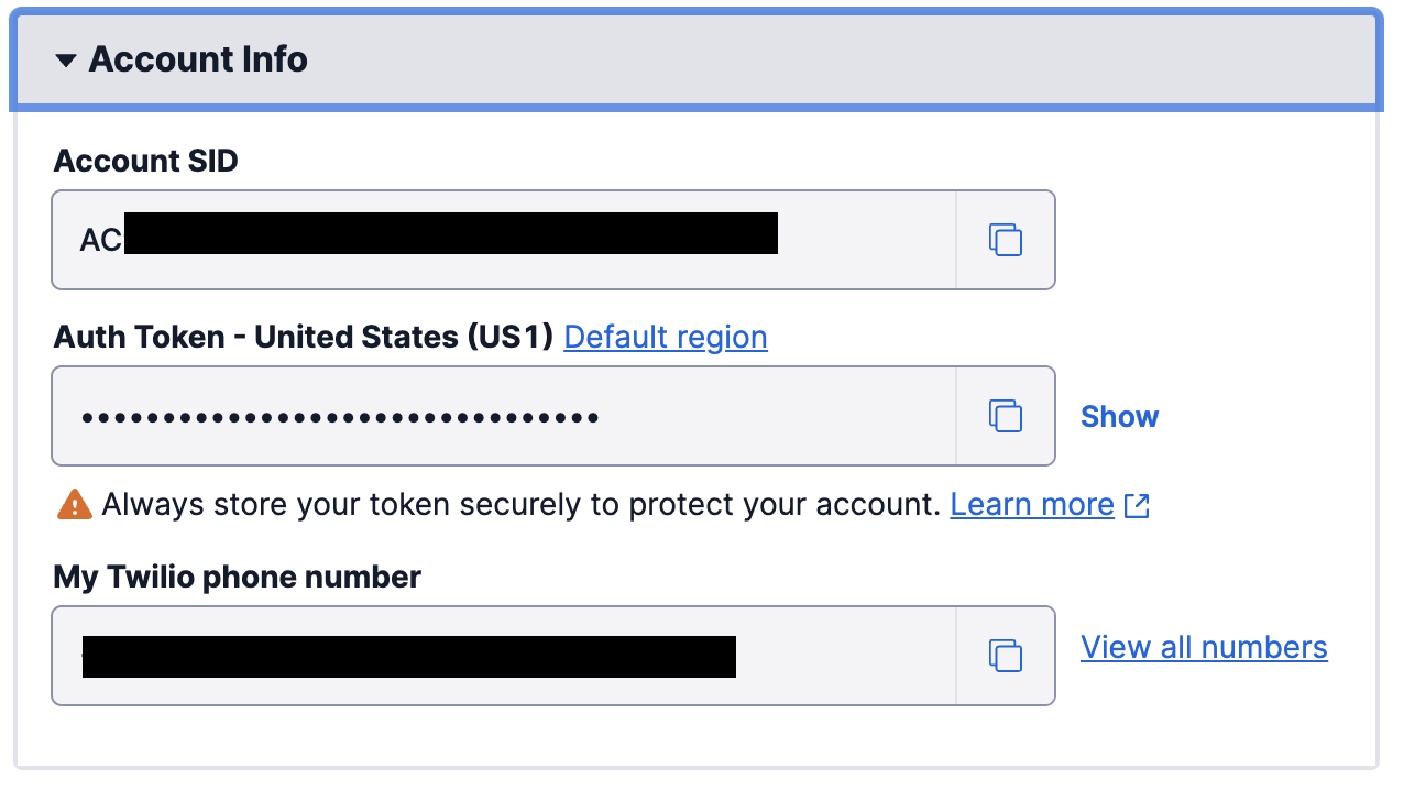 Account SID and Auth Token in Twilio Console