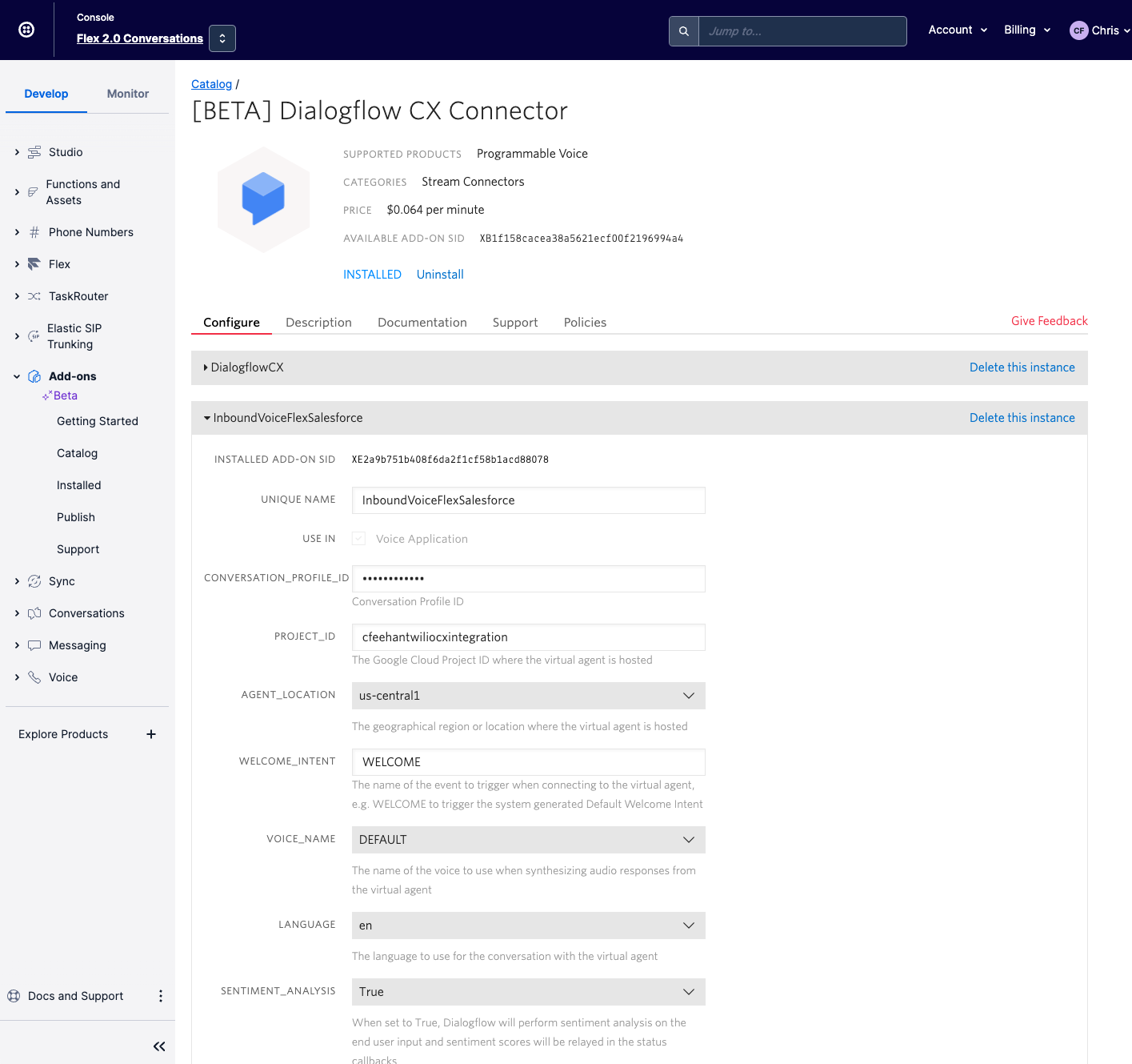 Screenshot of the Dialogflow CX Connector