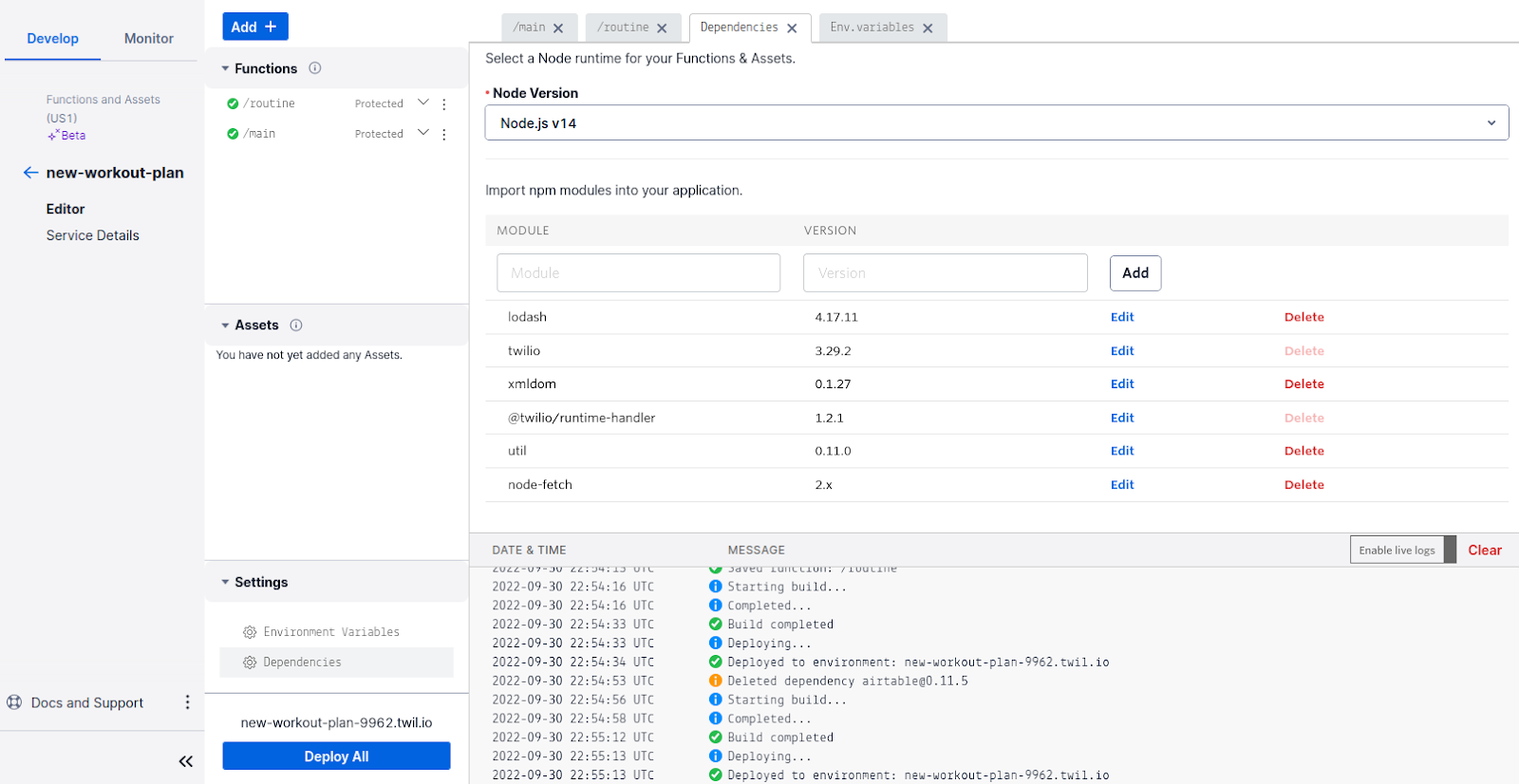 Twilio Function - Dependencies tab with node-fetch and other Twilio module imports