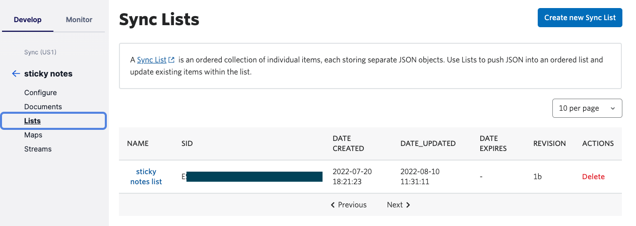 New Sync List appears with its SID and other details