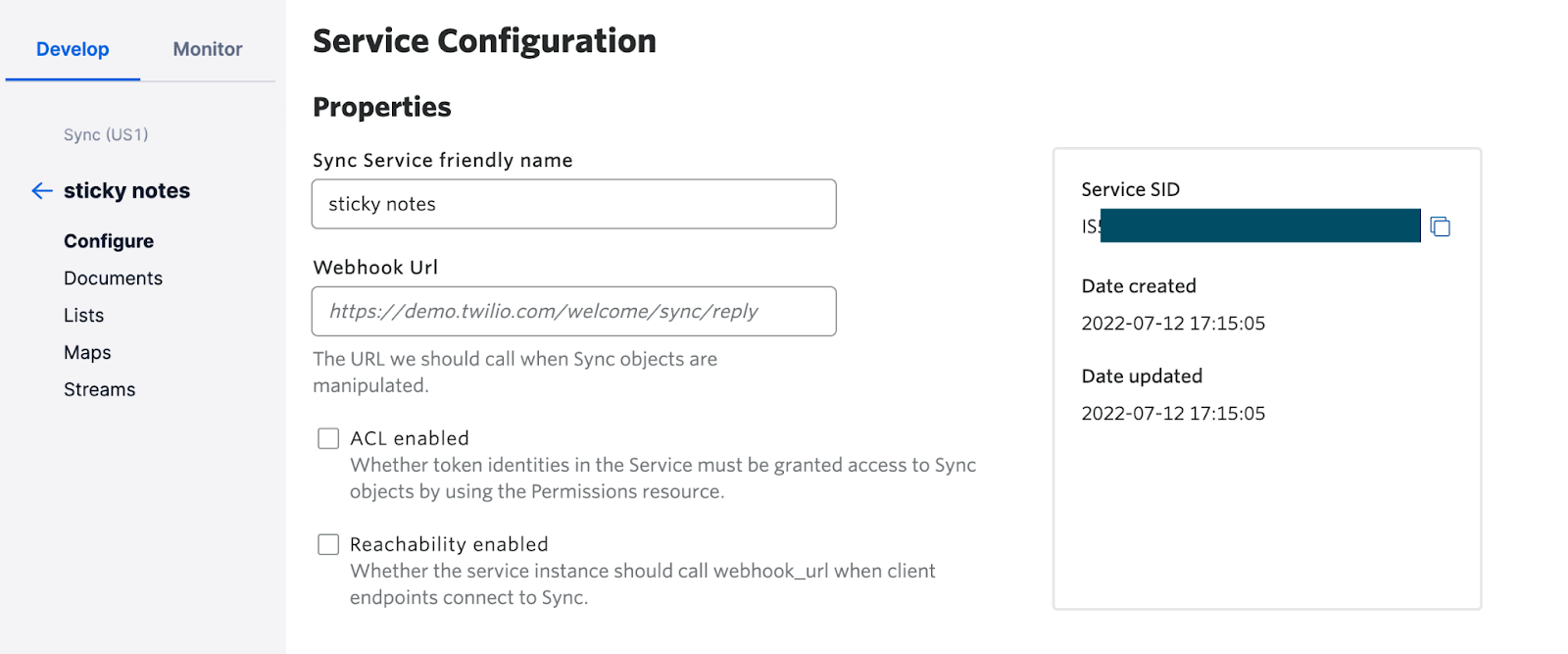 Sync service configuration page, with information about the new service