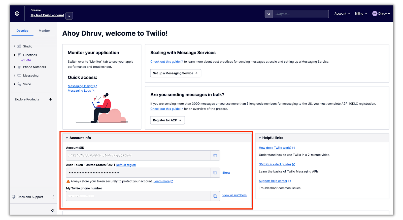 Twilio console with a red circle over account info box shows auth token and account sid