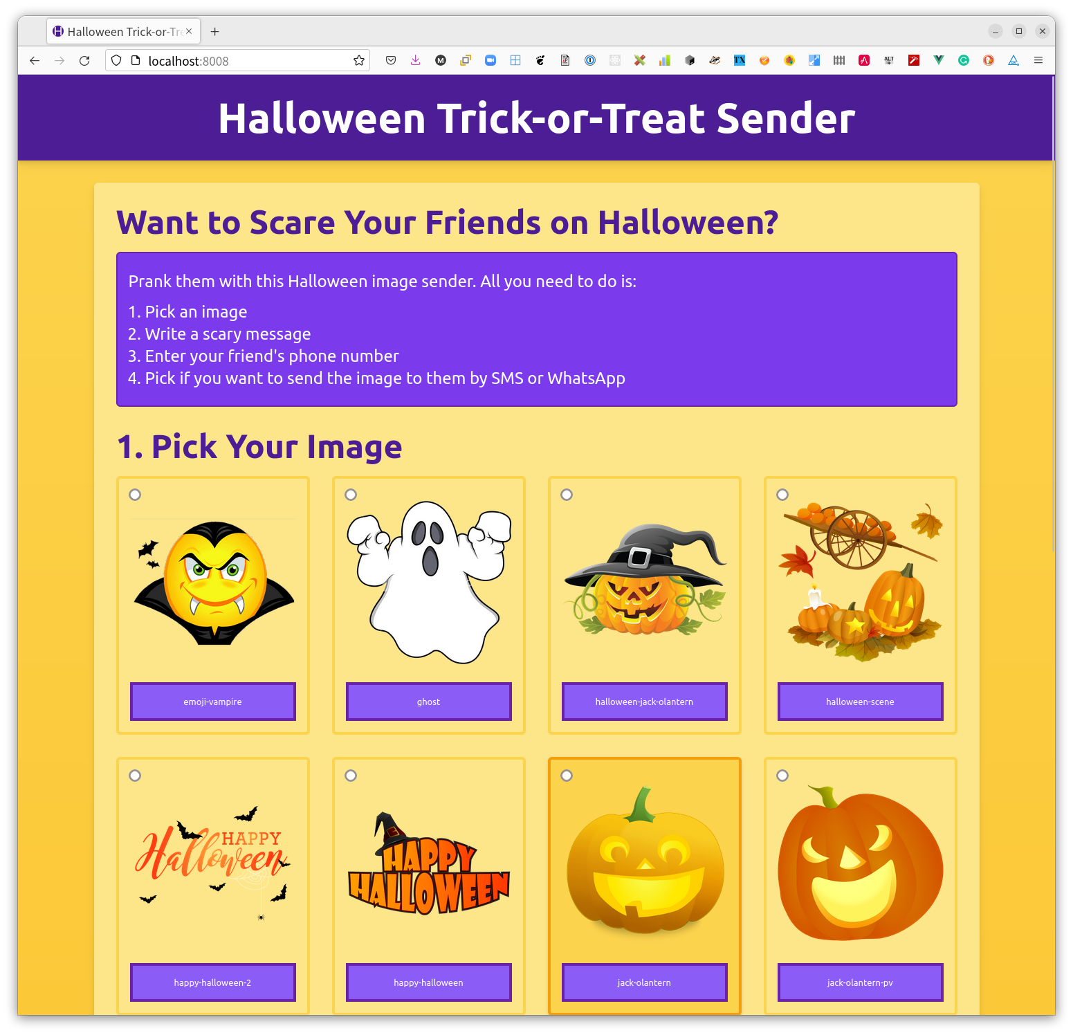 The Halloween-inspired SMS image sender app running in Firefox