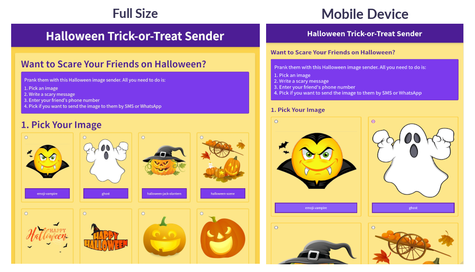 A sample of how the Halloween-themed app looks on the desktop and on a mobile device