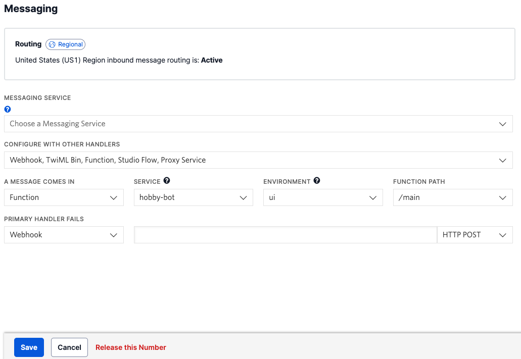 A Twilio phone number is configured to send text messages to a Twilio function service named hobby-bot