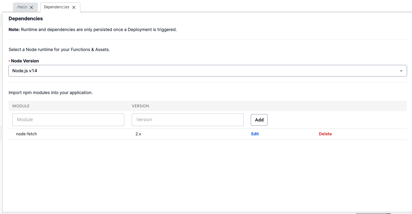 Functions dependencies configuration page. Node.js version set to v14. node-fetch version set to 2.x