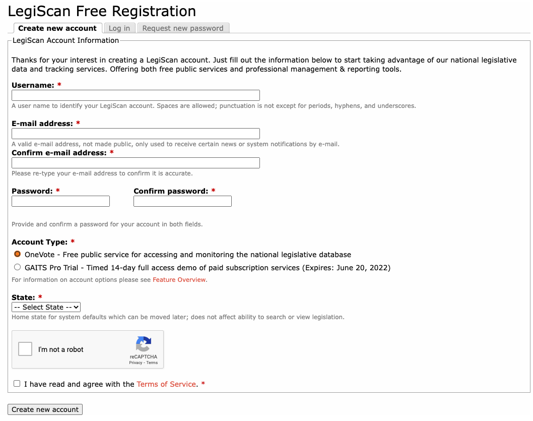LegiScan Registration Page