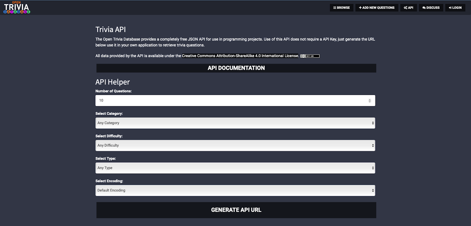 Open Trivia DB API website
